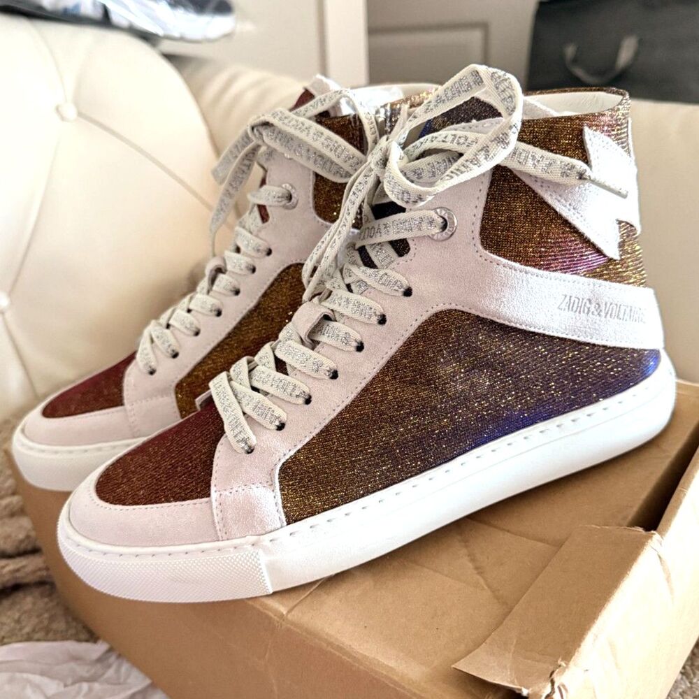 NIB Zadig & Voltaire High Flash Sparkle Sneakers in Gold size 39